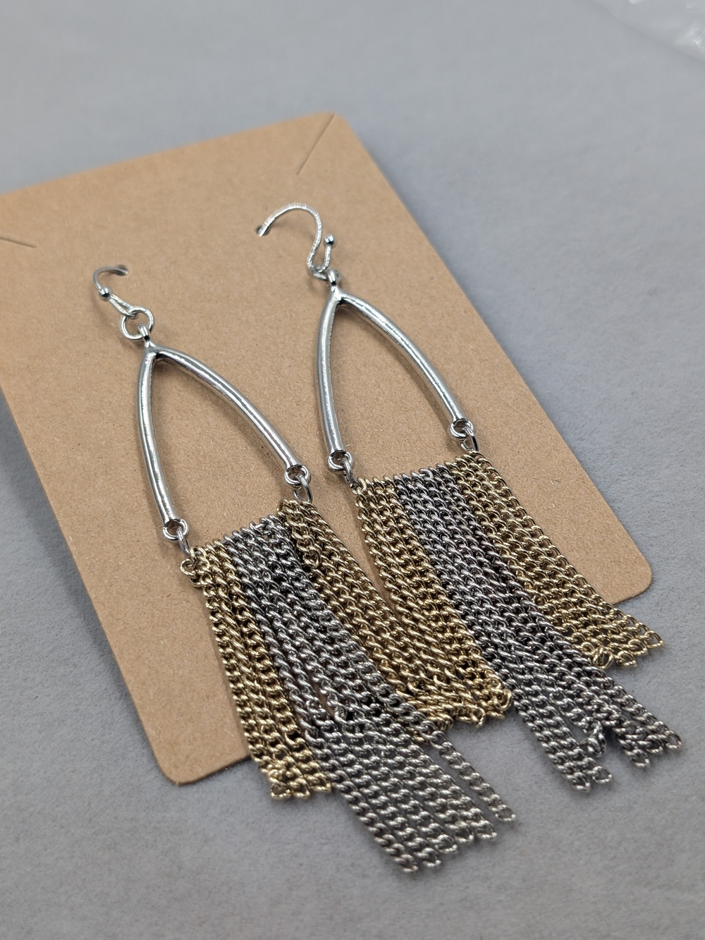 Chico’s Mixed Metal Chain Fringe Tassel Earrings Silver Gold | M308
